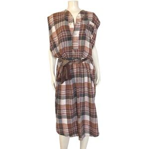 Vintage Regency 80s Brown Plaid Flannel Shirt Dress Medium Sleeveless Lagenlook